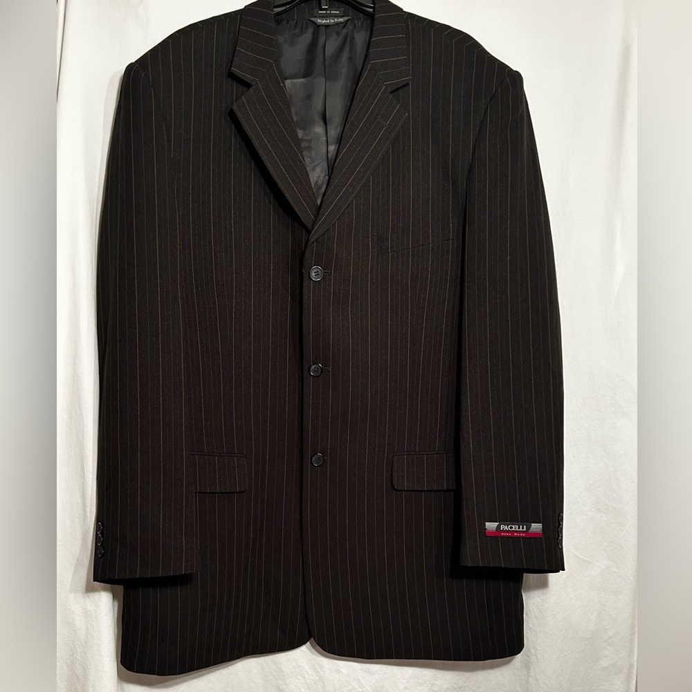 MENS 46L CHEST 5O INCHES BLACK W/ GOLD PINSTRIPE 3 BUTTON SUIT JACKET SUIT COAT
